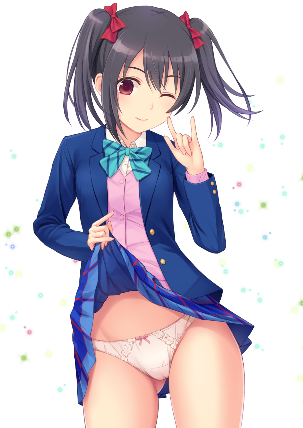 1girl black_hair blazer bow bow_panties cowboy_shot frilled_panties frills hair_ribbon highres long_sleeves looking_at_viewer love_live!_school_idol_project n.g. one_eye_closed open_blazer open_clothes panties pose red_eyes ribbon school_uniform shirt skirt skirt_lift smile solo thighs twintails underwear vest white_panties yazawa_nico