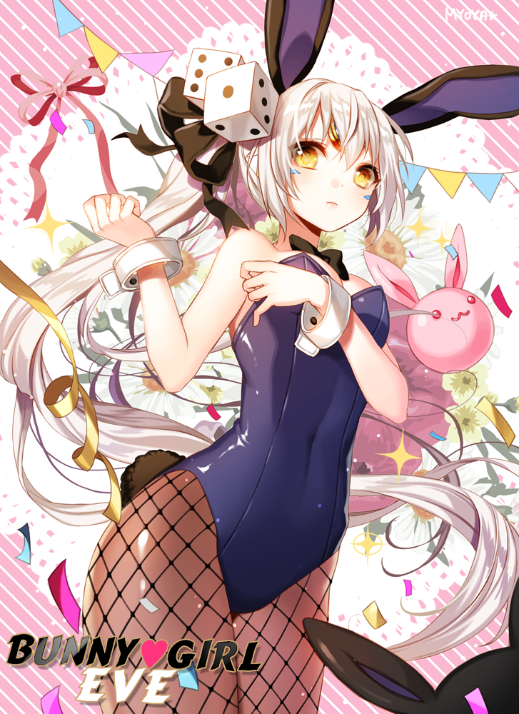 1girl :3 animal_ears bangs bare_shoulders black_bowtie bow bowtie breast_hold breasts bunny_girl bunny_tail bunnysuit character_name cleavage closed_mouth confetti dice_hair_ornament elsword eve_(elsword) facial_mark fishnet_pantyhose fishnets floral_background gem hair_ornament hair_ribbon lace_background leotard long_hair looking_at_viewer myoya pantyhose ponytail rabbit_ears ribbon sleeveless solo sparkle string_of_flags striped striped_background tail text very_long_hair white_hair wrist_cuffs yellow_eyes yellow_ribbon