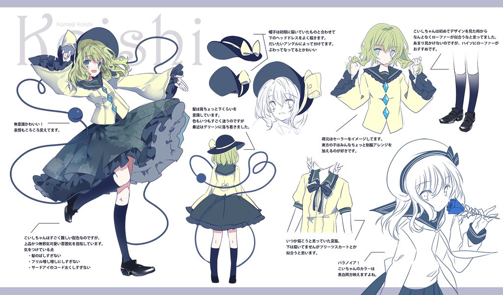 1girl arm_up blue_eyes blue_legwear bonnet character_name character_sheet cierra_(ra-bit) eyeball floral_print from_behind full_body green_hair hat hat_ribbon kneehighs komeiji_koishi letterboxed long_sleeves looking_at_viewer outstretched_arm ribbon shirt shoes short_hair skirt standing_on_one_leg string text third_eye touhou translation_request white_background wide_sleeves
