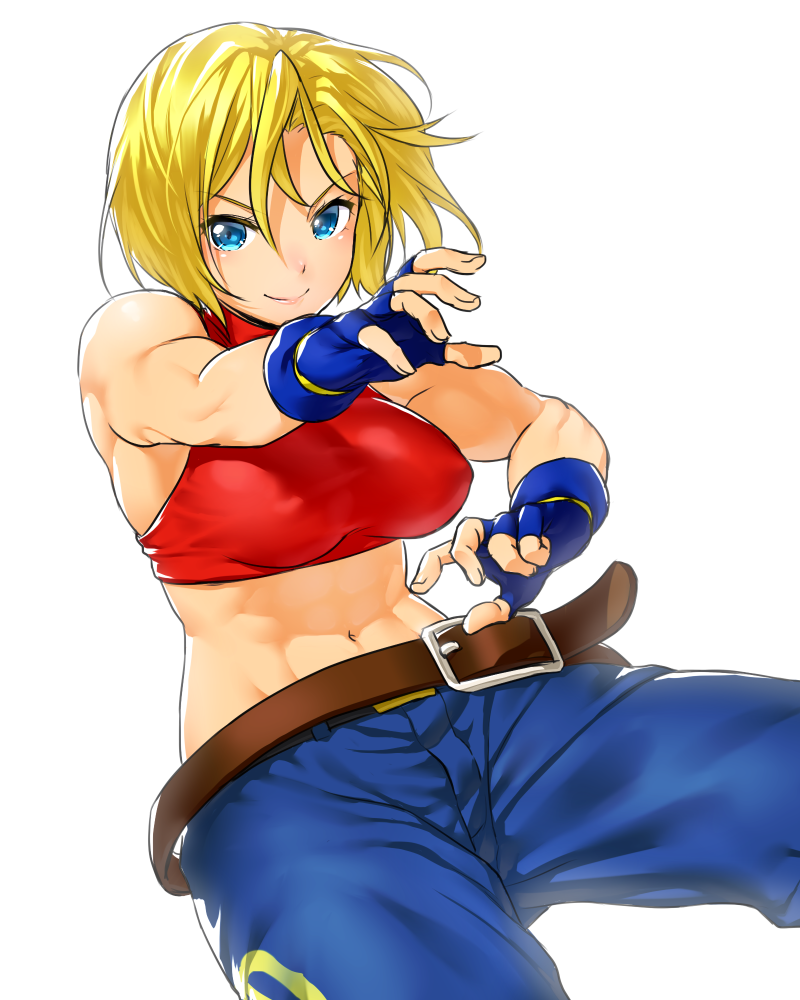 1girl abs bare_shoulders belt blonde_hair blue_eyes blue_mary breasts crop_top fatal_fury fingerless_gloves gloves halter_top halterneck large_breasts midriff muscle navel onsoku_maru pants short_hair smile snk solo the_king_of_fighters