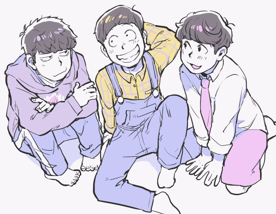 3boys alternate_costume arm_behind_head bangs bowl_cut brothers brown_hair from_above hono1212 hoodie ichimatsu jyushimatsu leg_hug looking_at_another looking_away male_focus messy_hair multiple_boys necktie osomatsu-kun osomatsu-san overalls pants plaid plaid_shirt sanpaku shirt shorts siblings simple_background sitting smile swept_bangs todomatsu track_pants wariza white_background