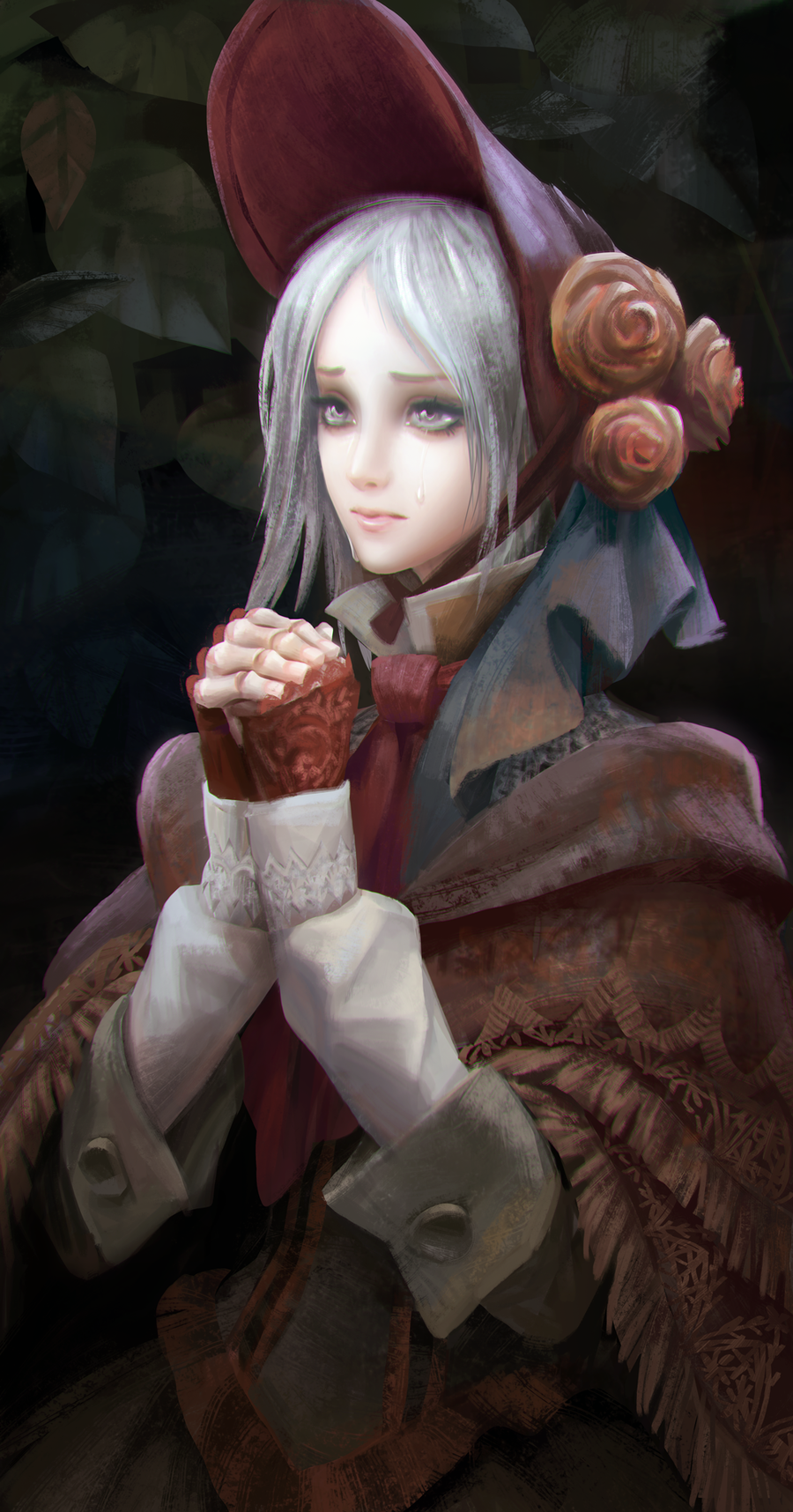 1girl bloodborne bonnet capelet crying crying_with_eyes_open doll_joints flower grey_eyes hair_flower hair_ornament hands_clasped highres lips newmilky nose plain_doll silver_hair solo tears