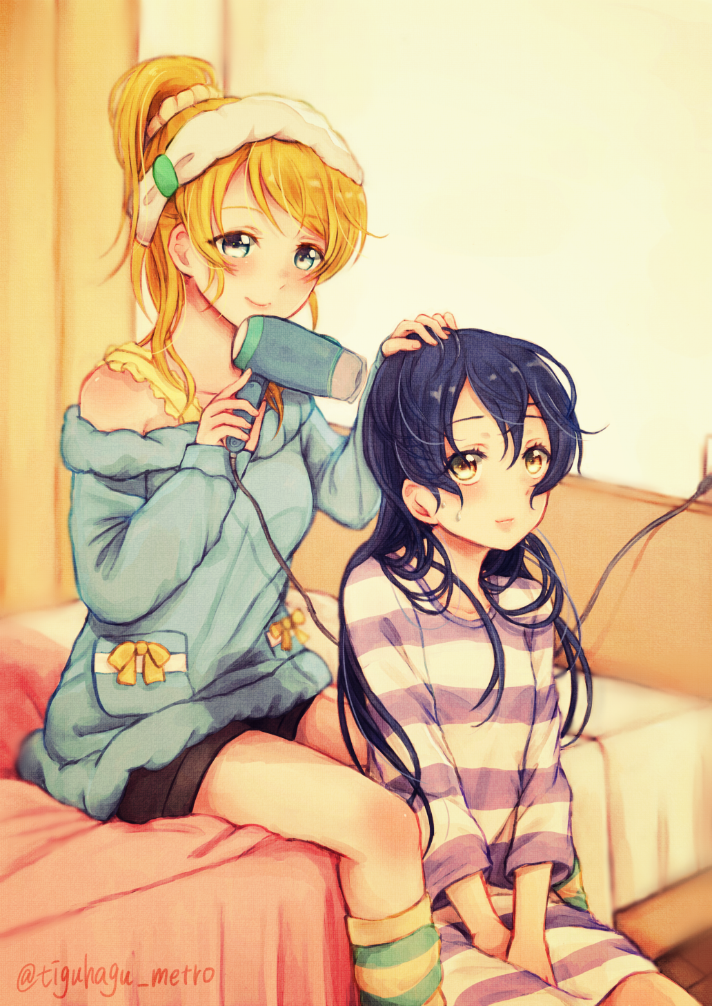 2girls ayase_eli bangs bed between_legs blonde_hair blue_eyes blue_hair blush bow cabbie_hat closed_mouth collarbone curtains eyebrows eyebrows_visible_through_hair hair_between_eyes hair_dryer hair_scrunchie hand_between_legs hand_on_another's_head hat highres indoors lilylion26 long_hair long_sleeves looking_at_viewer love_live!_school_idol_project multiple_girls off_shoulder on_bed pajamas pillow shirt shorts sitting smile sonoda_umi striped striped_legwear striped_shirt swept_bangs text towel towel_on_head twitter_username very_long_hair wet_hair yellow_bow yellow_eyes