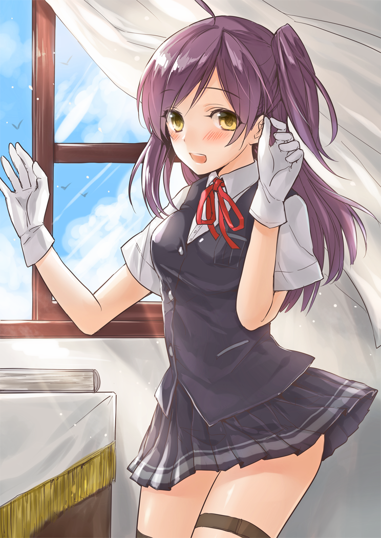 1girl :d ahoge arms_up bangs blush book breasts collar cowboy_shot curtains fukuroumori gloves hagikaze_(kantai_collection) kantai_collection long_hair looking_at_viewer neck_ribbon open_mouth parted_bangs pleated_skirt purple_hair ribbon school_uniform shirt short_sleeves side_ponytail skirt smile table thigh_strap vest white_gloves white_shirt wind window yellow_eyes