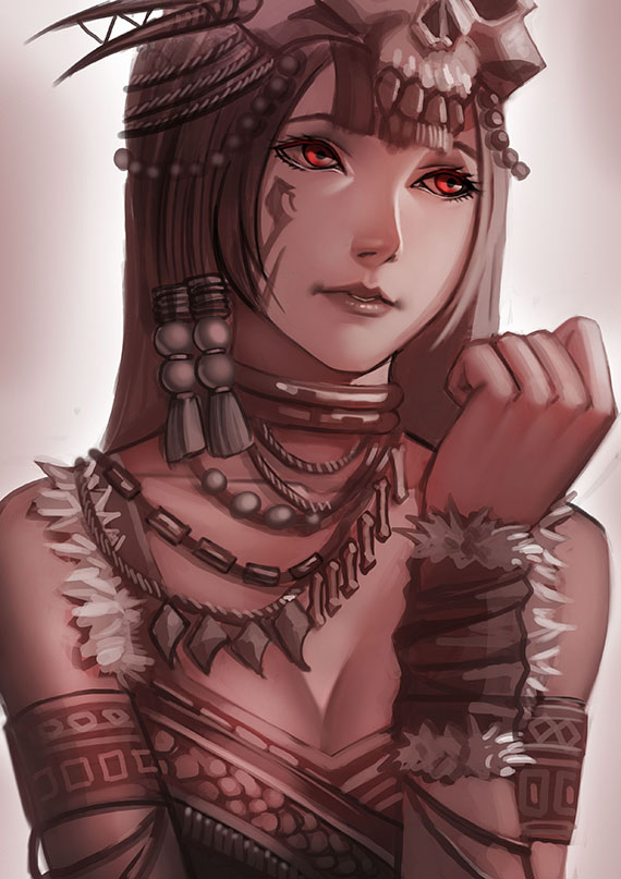 1girl armband bone breasts choker cleavage collarbone eyelashes facial_mark fur fur_trim grey_hair hair_ornament headgear horns jewelry lips looking_away looking_to_the_side necklace original red_eyes rope sepia skull sleeveless solo tassel tooth tooth_necklace tribal upper_body wrist_cuffs zakusi