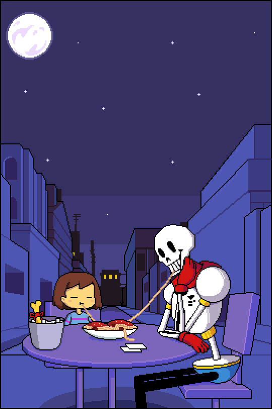 androgynous animated animated_gif bone bucket building capelet christian_john_sanchez eating frisk_(undertale) full_moon gloves lady_and_the_tramp moon papyrus_(undertale) parody pixel_art plate red_gloves sitting skeleton spaghetti sparkle star_(sky) table undertale