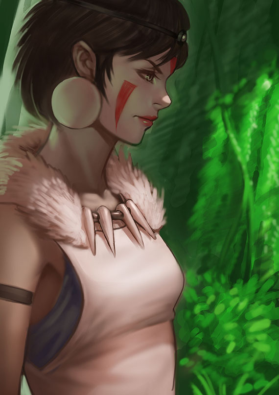 1girl alternate_hair_length alternate_hairstyle armband brown_hair earrings facial_mark forest fur jewelry mononoke_hime nature pale_skin profile san short_hair tree zakusi