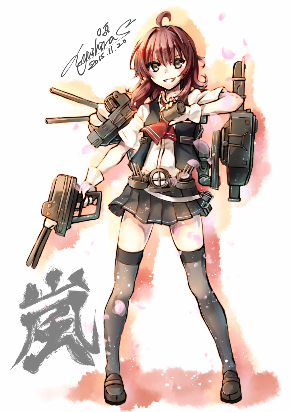 &gt;:) 1girl ahoge arashi_(kantai_collection) belt blouse cannon character_name commentary dated gloves grey_legwear gun highres holding_gun holding_weapon kantai_collection kerchief loafers looking_at_viewer machinery messy_hair petals pleated_skirt redhead school_uniform searchlight serafuku shoes short_hair signature skirt smile solo standing thigh-highs torpedo turret vest weapon white_gloves yuihira_asu