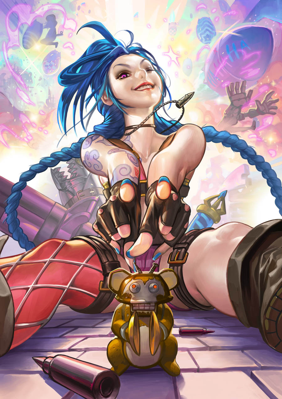 1girl bare_shoulders blimp blue_hair braid dirigible fingerless_gloves gloves highres jinx jinx_(league_of_legends) league_of_legends long_hair looking_at_viewer nail_polish one_eye_closed pink_eyes pointing pointing_at_viewer sinobilante smile solo spread_legs tattoo thighs twin_braids very_long_hair