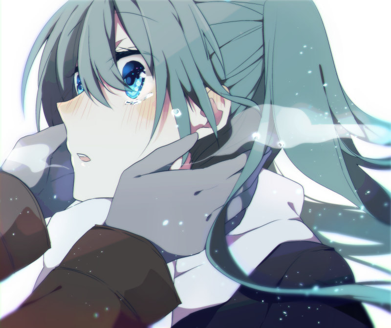 1girl aqua_hair asagao_minoru blue_eyes blush breath bright_background close-up coat commentary_request gloves hair_between_eyes hajimete_no_koi_ga_owaru_toki_(vocaloid) hatsune_miku long_hair long_sleeves open_mouth out_of_frame scarf simple_background steam tears twintails vocaloid
