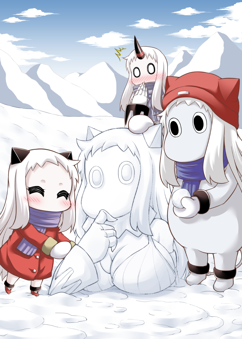 /\/\/\ 0_0 2girls ^_^ alternate_costume blush breasts claws cleavage closed_eyes coat commentary hat horn horns kantai_collection mittens moomin multiple_girls muppo northern_ocean_hime o_o scarf seaport_hime shinkaisei-kan snow snowball snowman winter_clothes winter_coat yamato_nadeshiko