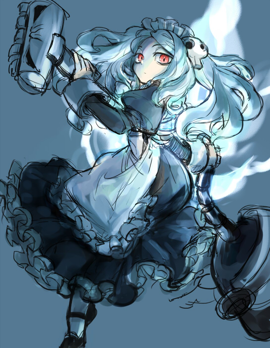 1girl apron bloody_marie_(skullgirls) blue_background blue_fire commentary_request fire hair_ornament holding looking_at_viewer maid maid_headdress mary_janes notoro red_eyes shoes silver_hair skull skullgirls solo teeth twintails vacuum_cleaner