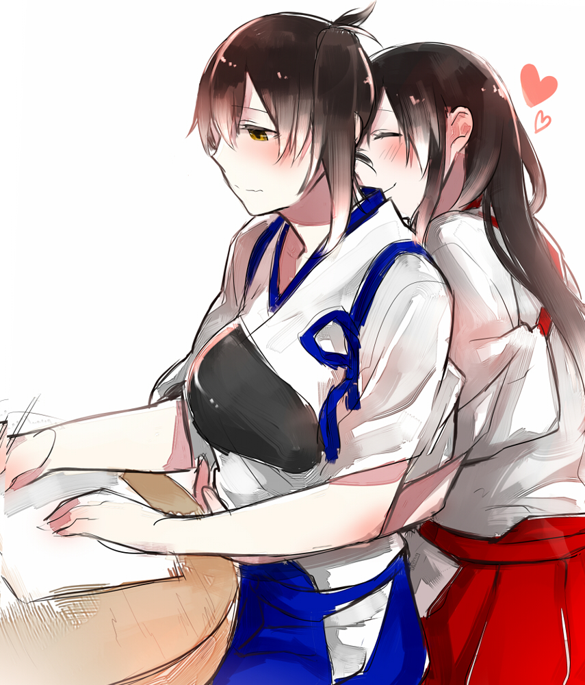 2girls ^_^ akagi_(kantai_collection) blue_skirt brown_eyes brown_hair closed_eyes closed_mouth hakama_skirt heart japanese_clothes kaga_(kantai_collection) kantai_collection long_hair multiple_girls muneate red_skirt short_hair short_sleeves shuu-0208 skirt smile