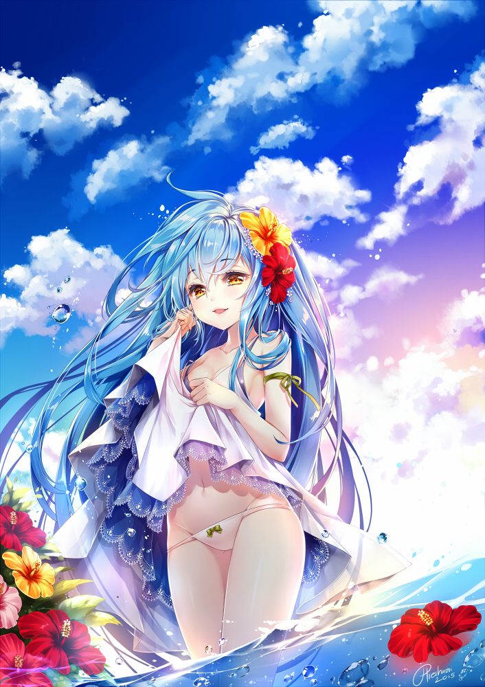 1girl 2015 arm_ribbon artist_name bangs bare_shoulders blue_hair bow bow_panties breasts cleavage clouds cowboy_shot dress dress_lift flower hibiscus hieihirai lace long_hair looking_at_viewer navel open_mouth original outdoors panties partially_submerged partially_underwater_shot ribbon sky sleeveless sleeveless_dress smile solo underwear very_long_hair wading water water_drop white_panties wind yellow_eyes
