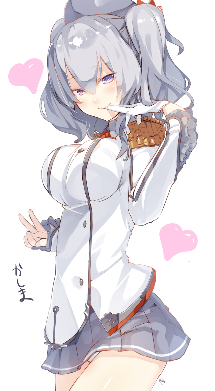 1girl biting blue_eyes breasts character_name hat heart highres kantai_collection kashima_(kantai_collection) large_breasts looking_at_viewer meth_(emethmeth) miniskirt panties pleated_skirt silver_hair simple_background single_glove skirt smile solo twintails underwear v white_background white_glove white_panties