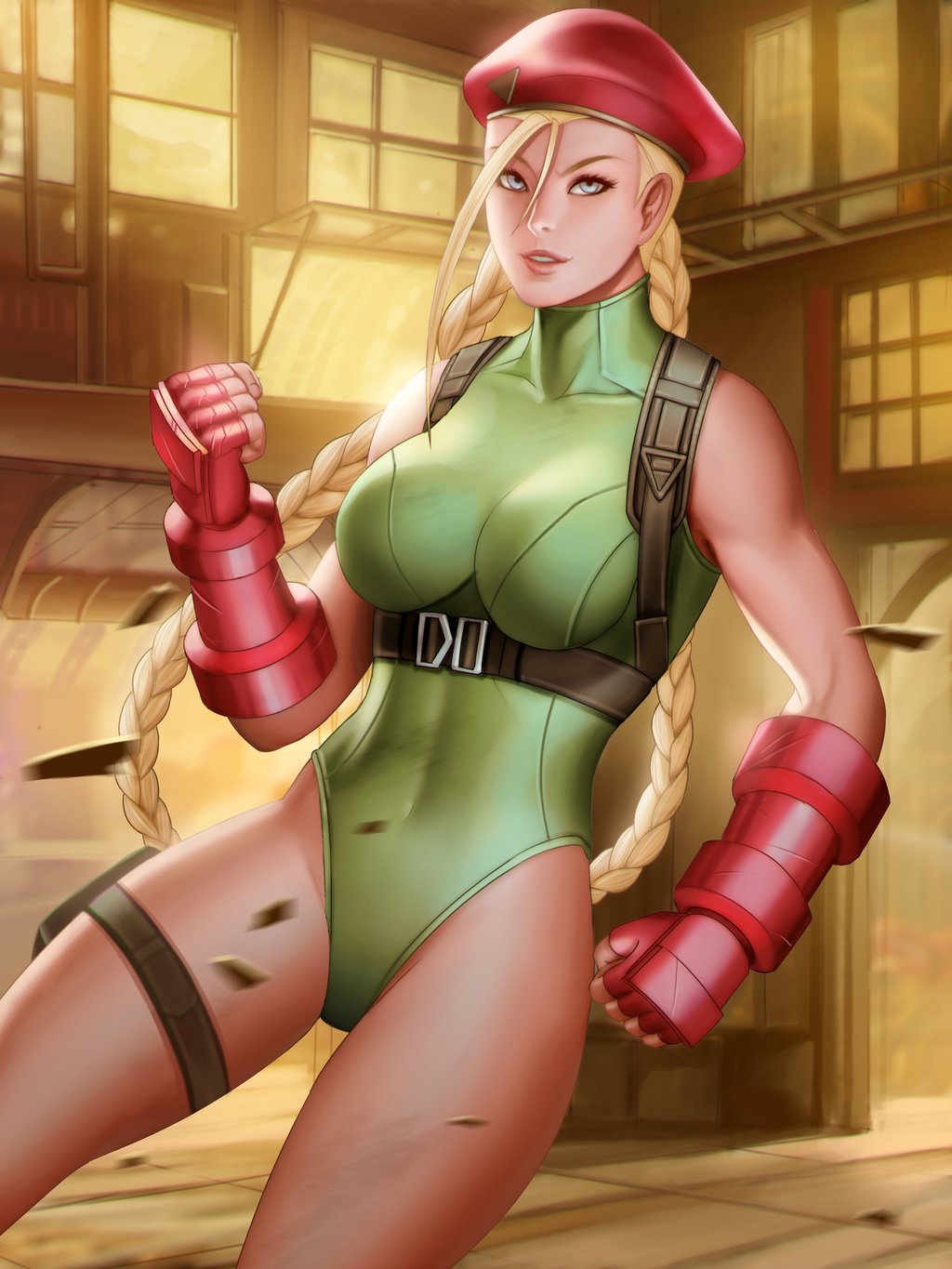1girl ahoge audia_pahlevi beret blonde_hair blue_eyes braid breasts cammy_white clenched_hands commentary cowboy_shot elbow_gloves fingerless_gloves gloves hair_between_eyes harness hat highleg highleg_leotard highres huge_ahoge large_breasts leotard lips long_hair making_of red_gloves solo street_fighter street_fighter_v thigh_pouch toned twin_braids