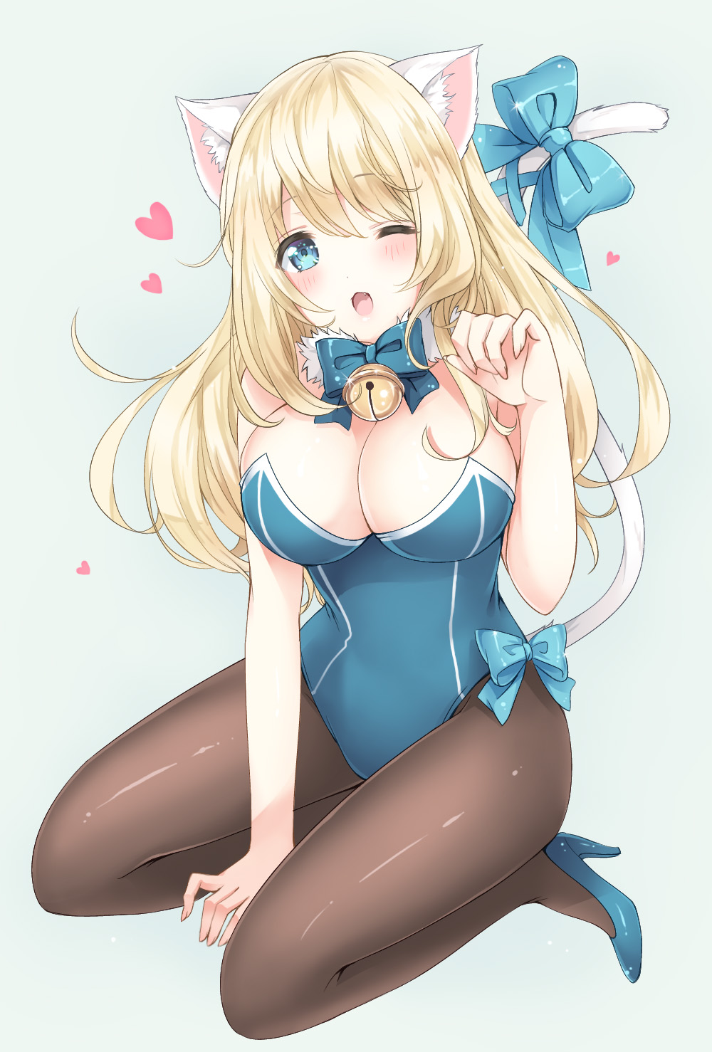 1girl :3 adapted_costume animal_ears atago_(kantai_collection) bangs bare_shoulders bell between_legs black_legwear blonde_hair blue_bow blue_bowtie blue_ribbon blue_shoes blush bow bowtie breasts cat_ears cat_tail cleavage eyebrows eyebrows_visible_through_hair fang full_body hand_between_legs heart high_heels highres jingle_bell kantai_collection kittysuit large_breasts leotard long_hair looking_at_viewer nanairo_fuuka one_eye_closed pantyhose paw_pose ribbon shoes simple_background sitting solo tail tail_bow tail_ribbon