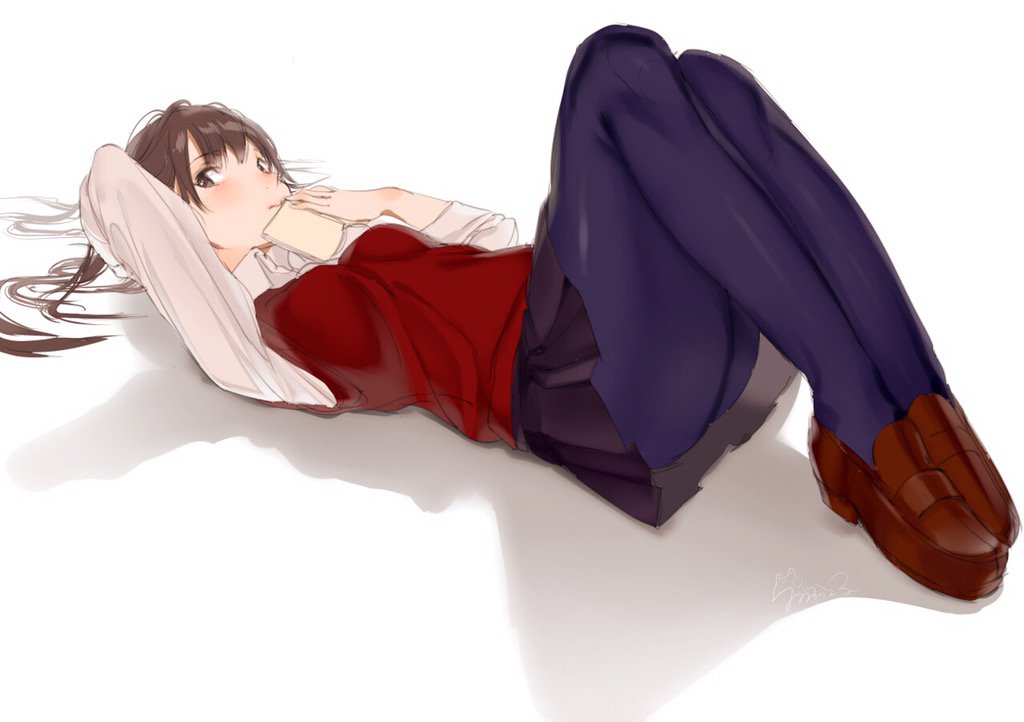 1girl book brown_eyes brown_hair hand_on_own_face looking_at_viewer lying on_back ouchikaeru pantyhose simple_background skirt solo