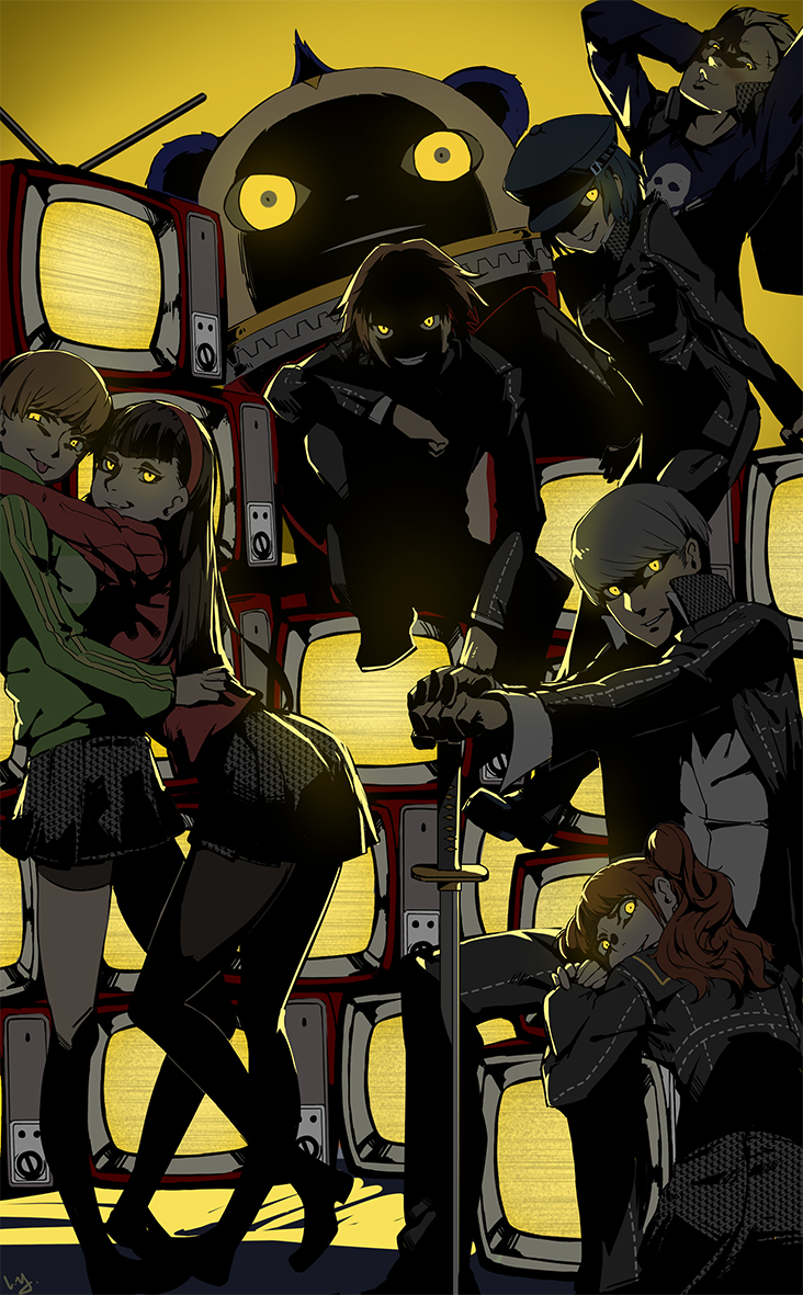 3boys :p amagi_yukiko androgynous bike_shorts black_hair blonde_hair blue_hair brown_hair cabbie_hat evil_smile grey_hair hairband hanamura_yousuke hat hug jacket katana kujikawa_rise kuma_(persona_4) lap_pillow long_hair looking_back mascot multiple_boys multiple_girls nanaya_(daaijianglin) narukami_yuu open_clothes open_jacket pantyhose persona persona_4 reverse_trap satonaka_chie scar school_uniform shadow_(persona) shirogane_naoto short_hair shorts_under_skirt sitting skirt smile sword tatsumi_kanji television tongue tongue_out track_jacket twintails weapon yellow_eyes