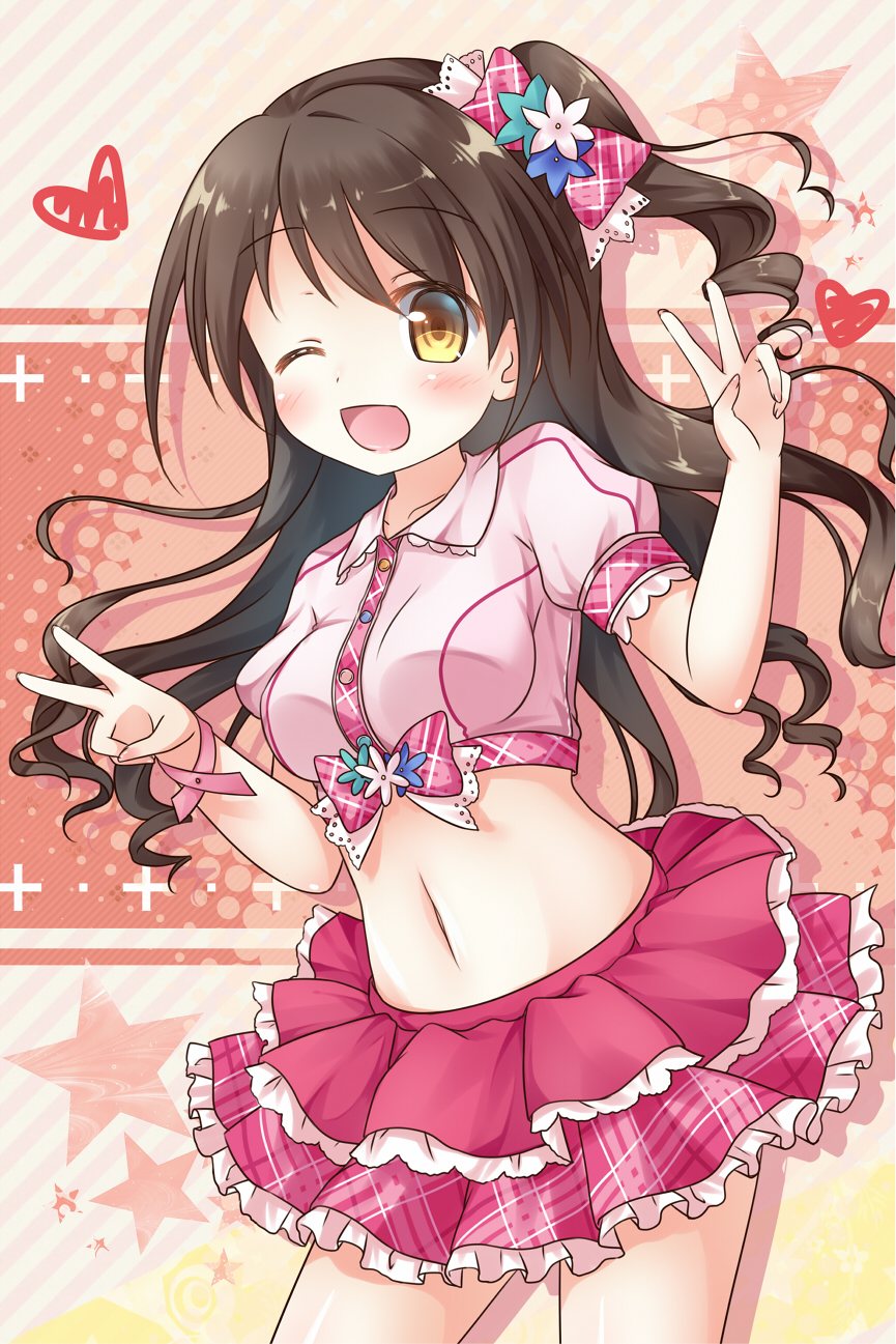 1girl ;d blush breasts brown_hair crop_top double_v drill_hair fingernails flower_ornament frilled_skirt frills hair_ornament hair_ribbon heart highres idolmaster idolmaster_cinderella_girls long_hair looking_at_viewer midriff navel one_eye_closed one_side_up open_mouth pink_check_school pink_skirt ribbon shimamura_uzuki short_sleeves side_ponytail skirt smile solo star v yellow_eyes yuko_(kwong159)