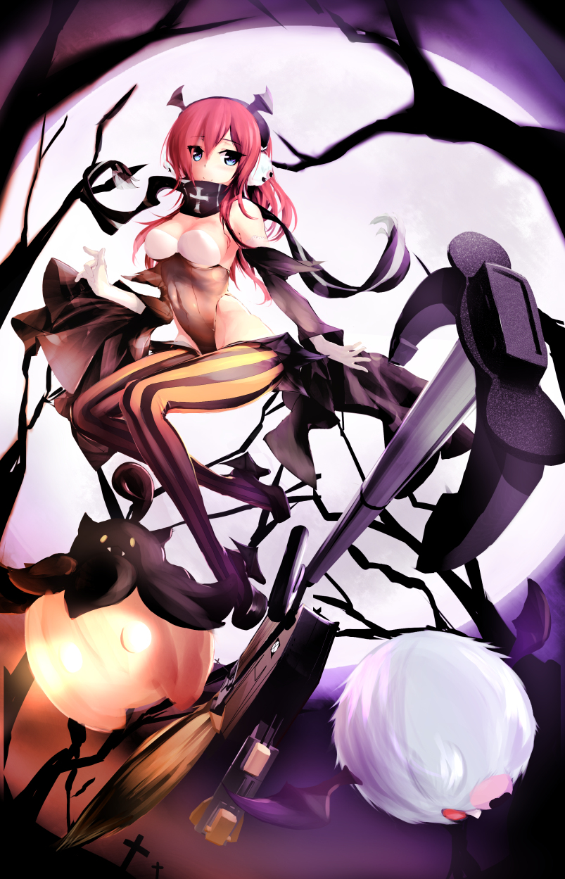 1girl anchor bl&uuml;cher_(zhan_jian_shao_nyu) blue_eyes blush breasts gloves halloween head_wings highres large_breasts long_hair looking_at_viewer open_mouth pink_hair pokemon pokemon_(game) pokemon_xy pumpkaboo revealing_clothes scarf smile solo white_gloves wing_hair_ornament witch woobat zhan_jian_shao_nyu