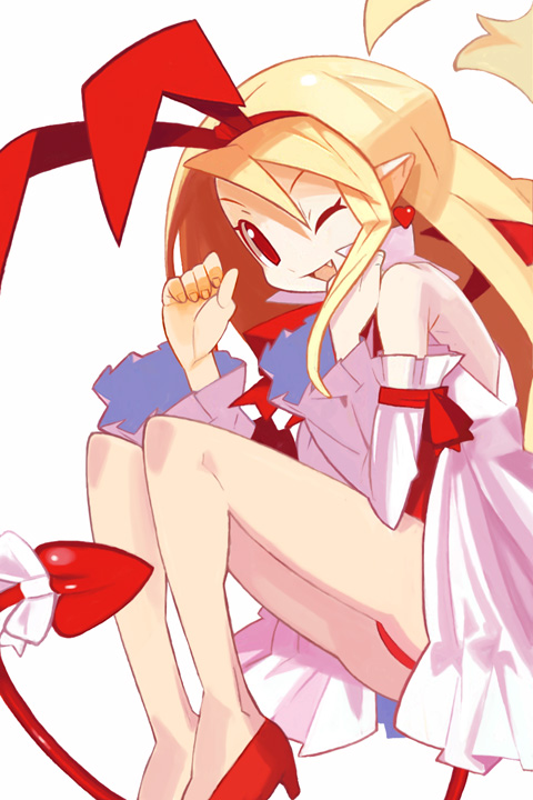 1girl ;d blonde_hair bow demon_tail detached_sleeves disgaea earrings fang flonne flonne_(fallen_angel) hair_bow hairband heart heart_earrings high_heels jewelry leotard long_hair makai_senki_disgaea one_eye_closed open_mouth pointy_ears red_bow red_eyes red_shoes shoes smile solo tail tail_bow white_background white_bow yuuki_(irodo_rhythm)