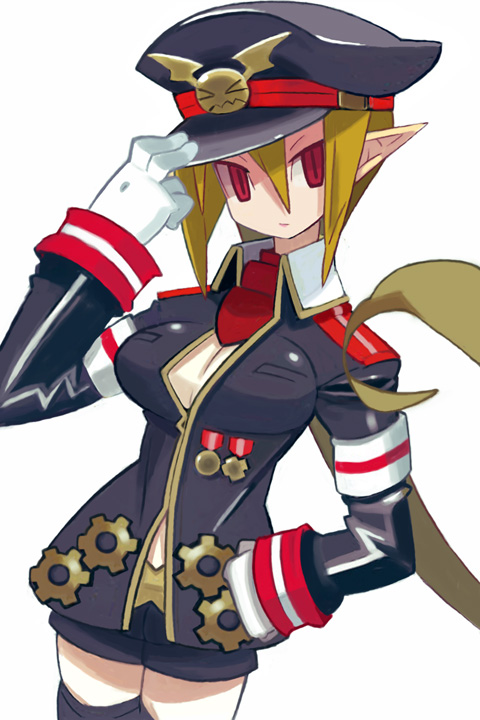 1girl adjusting_clothes adjusting_hat armband blonde_hair cowboy_shot disgaea expressionless gloves hat long_hair makai_senki_disgaea_3 pointy_ears ponytail red_eyes salvatore_(disgaea) shorts slit_pupils solo uniform white_background white_gloves yuuki_(irodo_rhythm)