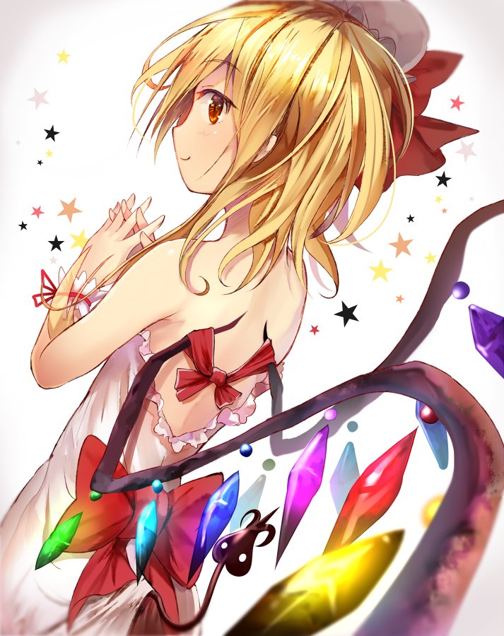 1girl alternate_costume back bare_arms bare_shoulders blonde_hair bow demon_girl demon_tail dress efe flandre_scarlet hat hat_bow laevatein long_hair looking_at_viewer looking_back mob_cap side_ponytail smile solo star strapless_dress tail touhou very_long_hair white_dress wings wrist_cuffs