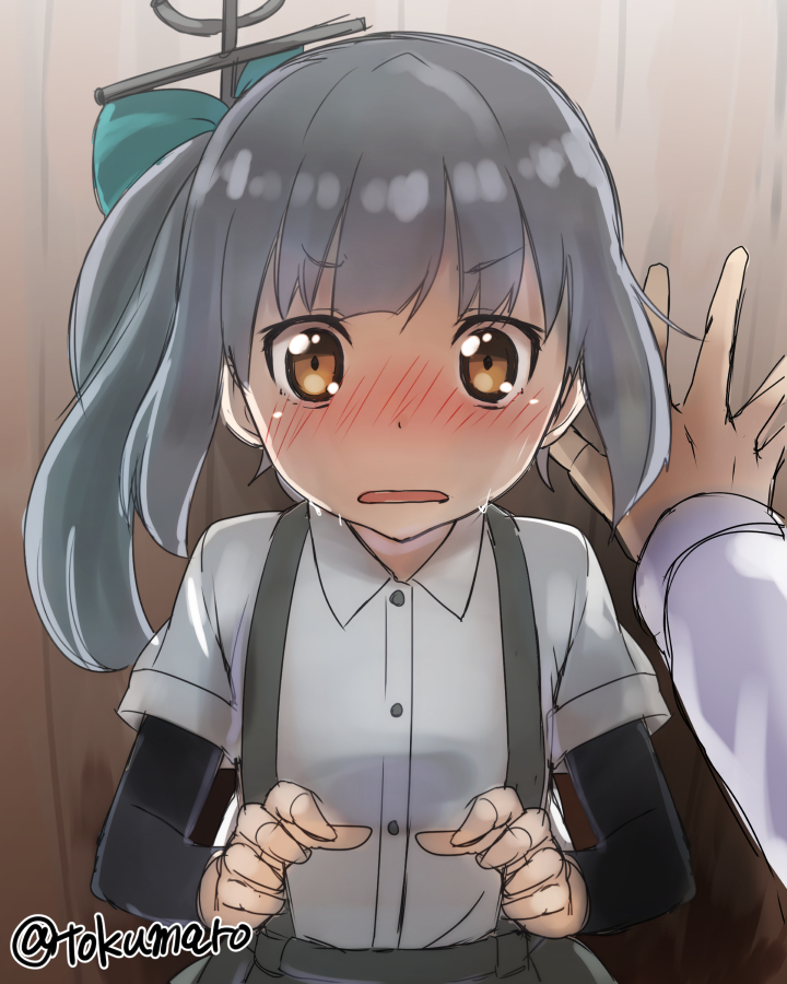 1boy 1girl admiral_(kantai_collection) against_wall arm_warmers blush grey_hair hair_ornament hair_ribbon hand_on_wall kantai_collection kasumi_(kantai_collection) long_hair looking_at_viewer open_mouth out_of_frame ponytail pov pov_hands ribbon school_uniform side_ponytail suspenders sweat tokumaro twitter_username wall_slam yellow_eyes