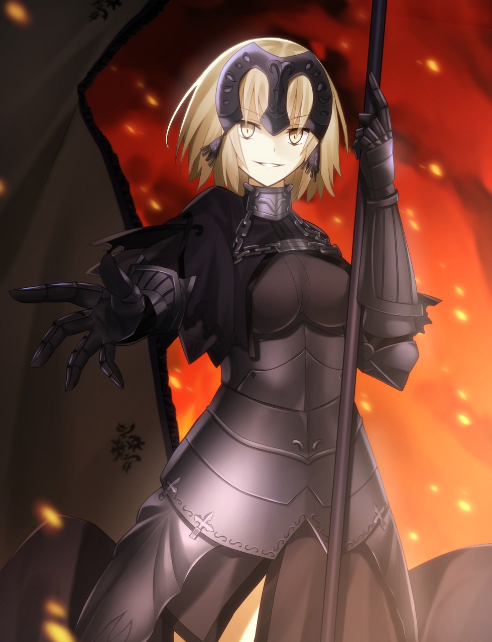 1girl armor blonde_hair capelet fate/grand_order fate/stay_night fate_(series) fire flag headpiece highres jeanne_alter looking_at_viewer metal_gloves minamina outstretched_arm pale_skin polearm ruler_(fate/apocrypha) ruler_(fate/grand_order) short_hair smile solo weapon yellow_eyes