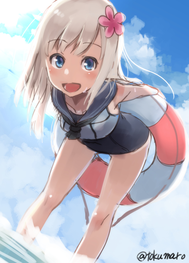 1girl arms_behind_back blonde_hair blue_eyes clouds crop_top flower hair_flower hair_ornament kantai_collection leaning leaning_forward lifebuoy long_hair looking_at_viewer one-piece_tan open_mouth ro-500_(kantai_collection) sailor_collar school_swimsuit school_uniform serafuku sky smile solo swimsuit swimsuit_under_clothes tan tanline tokumaro twitter_username water