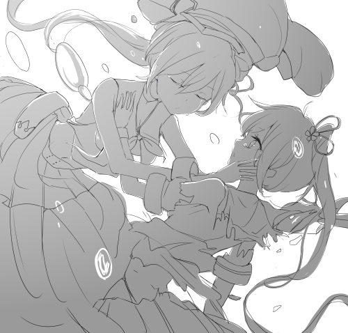 2girls bubble destroyer_hime harusame_(kantai_collection) kantai_collection kazuhito_(1245ss) lowres monochrome multiple_girls shinkaisei-kan side_ponytail tears torn_clothes underwater