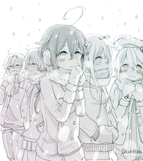 5girls ahoge beret breath buttons closed_eyes earmuffs gloves hair_flaps hair_ornament hair_ribbon hairband hands_in_pockets harusame_(kantai_collection) hat jacket kantai_collection kazuhito_(1245ss) long_hair monochrome multiple_girls murasame_(kantai_collection) open_mouth remodel_(kantai_collection) ribbon shigure_(kantai_collection) shiratsuyu_(kantai_collection) smile snowing steam swimsuit twitter_username winter winter_clothes yuudachi_(kantai_collection)
