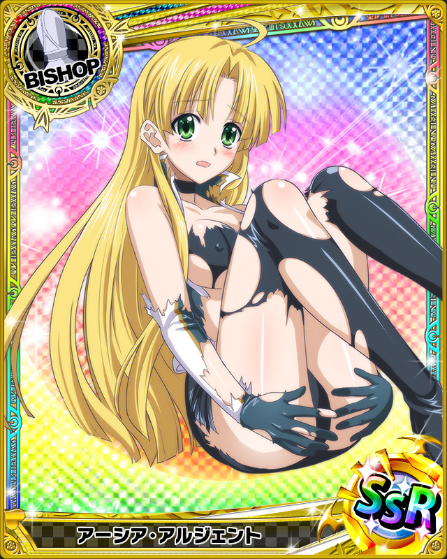 1girl ahoge artist_request asia_argento bishop_(chess) black_legwear blonde_hair card_(medium) character_name chess_piece covered_nipples elbow_gloves gloves green_eyes high_school_dxd long_hair official_art racequeen shorts thigh-highs torn_clothes trading_card