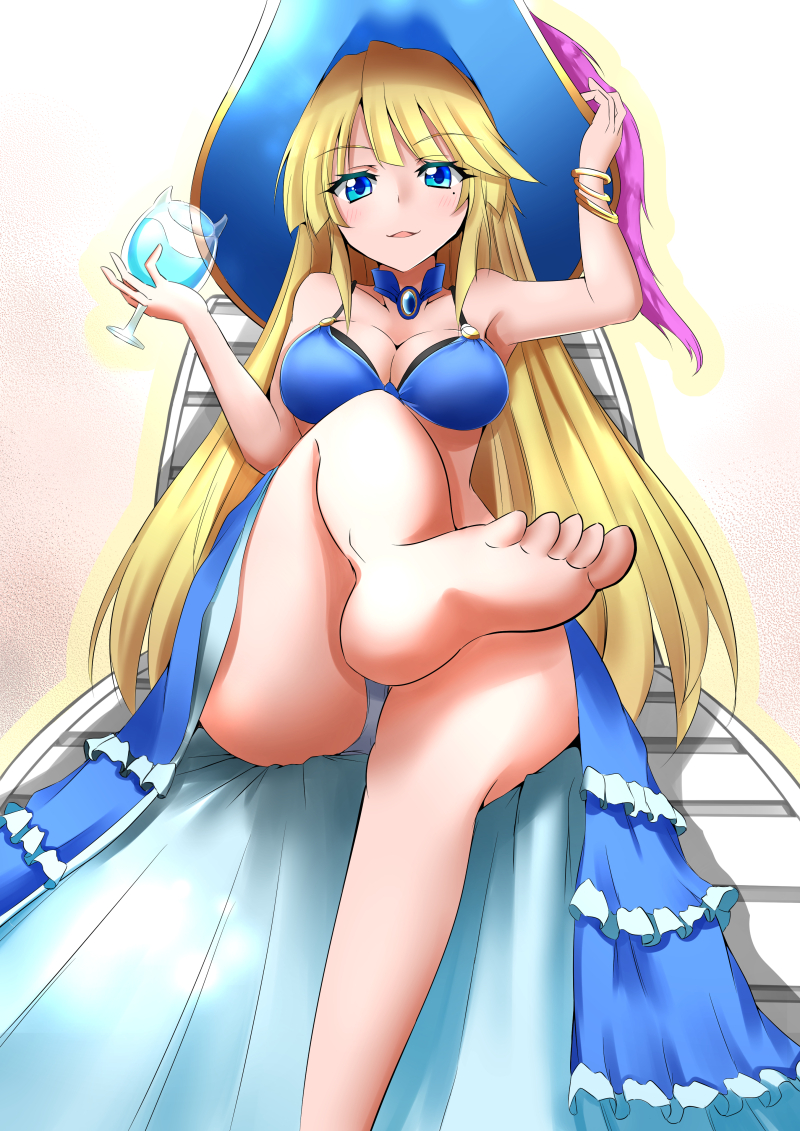 1girl awilda_(p&amp;d) bare_legs bikini blonde_hair blue_bikini blue_eyes breasts hat large_breasts long_hair looking_at_viewer mage mito_yoshihiro mole mole_under_eye parted_lips puzzle_&amp;_dragons sarong sitting soles solo swimsuit thighs witch_hat