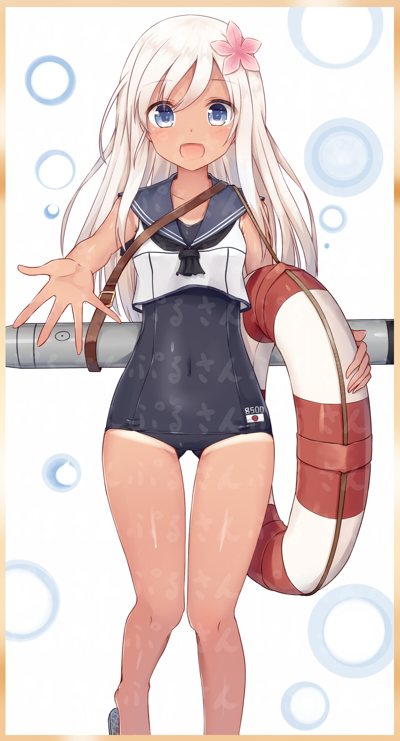 1girl :d bad_feet blonde_hair blue_eyes cowboy_shot crop_top flower hair_flower hair_ornament highres kantai_collection lifebuoy long_hair looking_at_viewer open_mouth outstretched_hand ro-500_(kantai_collection) sailor_collar school_swimsuit school_uniform serafuku simple_background small_breasts smile solo swimsuit swimsuit_under_clothes tan tanline torpedo tsuchikure_(3105mitoko) white_background