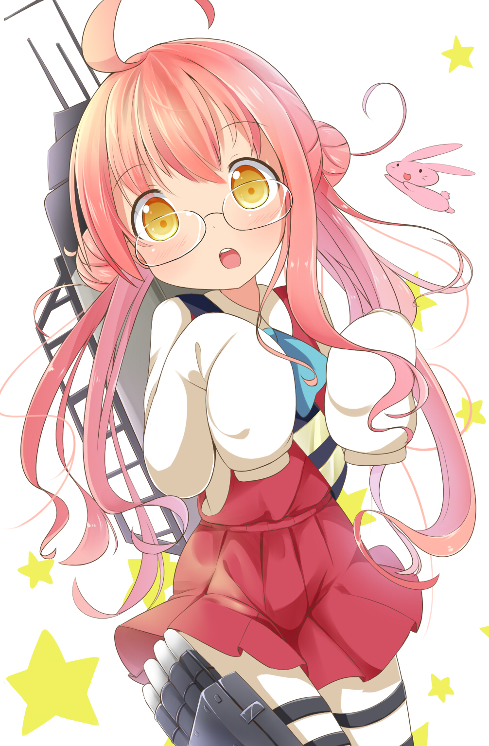 1girl ahoge blush double_bun dress glasses hair_bun highres holster kantai_collection long_hair machinery makigumo_(kantai_collection) makuran open_mouth oversized_object pink_dress pink_hair rabbit shirt sleeves_past_wrists solo star thigh_holster twintails very_long_hair yellow_eyes