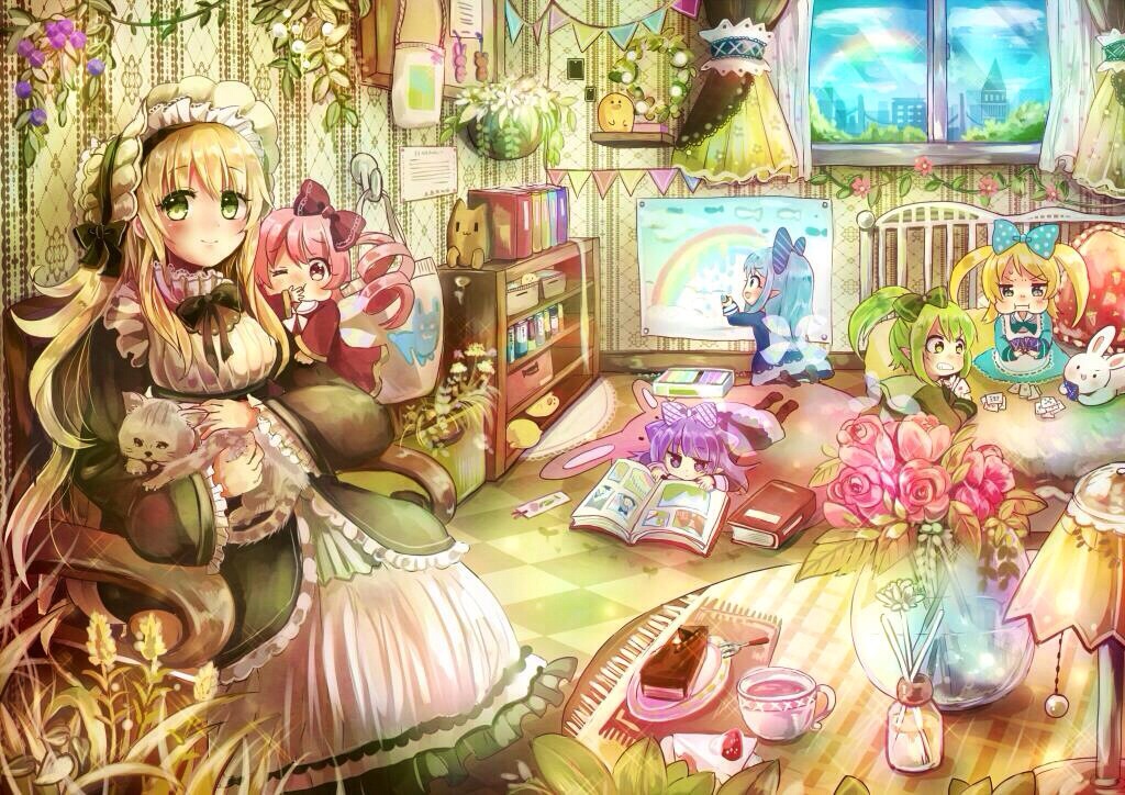 animal_on_lap bag bed blonde_hair blue_bow blue_hair blush bonnet book bookend bookmark bow card card_game cat chair cup curtains drill_hair flower food fork green_eyes green_hair hair_bow lamp long_hair looking_at_viewer niikura_kaori one_eye_closed open_book original pillow playing_card purple_hair rabbit rainbow shelf sitting smile teacup tile_floor tiles vase wallpaper_(object) window