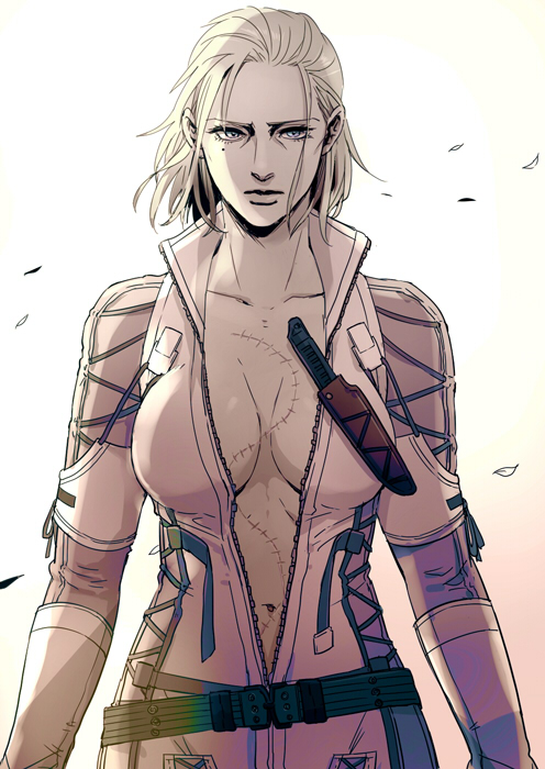 1girl 50yen belt beltskirt bodysuit breasts breasts_apart center_opening cleavage collarbone cowboy_shot cross-laced_clothes expressionless high_collar knife large_breasts leaf lips looking_at_viewer metal_gear_(series) metal_gear_solid mole mole_under_eye monochrome navel no_bra open_clothes scar sheath sheathed short_hair the_boss unzipped weapon wind