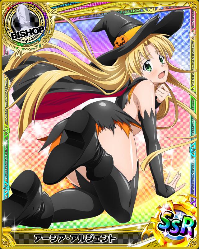 1girl asia_argento bishop_(chess) black_legwear blonde_hair card_(medium) character_name chess_piece detached_sleeves green_eyes hat high_school_dxd long_hair looking_at_viewer open_mouth orange_skirt skirt solo thigh-highs torn_clothes torn_skirt torn_thighhighs witch_hat