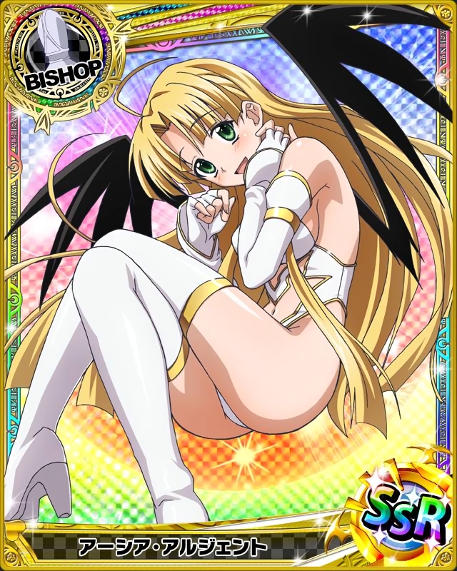 1girl ahoge asia_argento bishop_(chess) blonde_hair breasts card_(medium) character_name chess_piece demon_wings green_eyes high_school_dxd long_hair looking_at_viewer navel open_mouth sideboob solo white_legwear wings