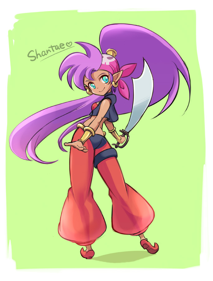 1girl ass bandana bandeau blue_eyes bracer character_name cutlass_(sword) earrings from_behind harem_pants jewelry long_hair looking_back midriff pants pointy_ears ponytail purple_hair shantae shantae_(character) shantae_and_the_pirate's_curse shoes simple_background smile solo sword very_long_hair vest weapon