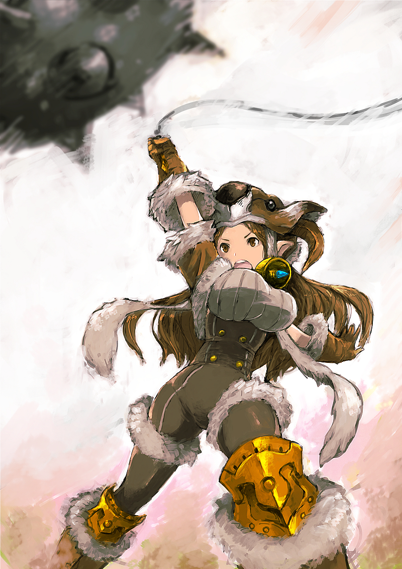 &gt;:o 1girl :o animal_hat bell blackball breasts brown_eyes brown_gloves brown_hair buttons daetta_(granblue_fantasy) deer doraf flail fur_trim gloves granblue_fantasy hat holding holding_weapon horns large_breasts long_hair open_mouth pointy_ears solo unitard weapon