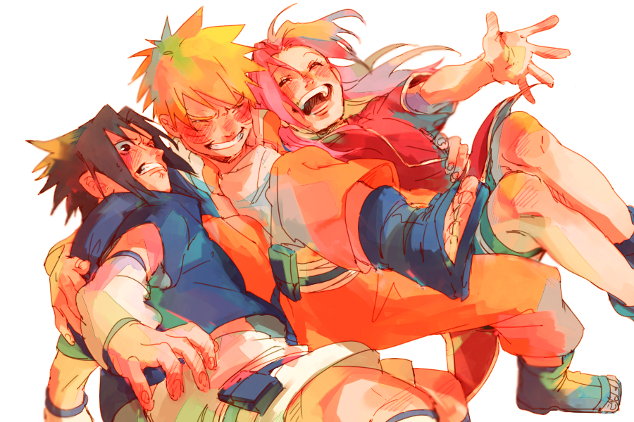 1girl 2boys black_eyes black_hair blonde_hair clenched_teeth closed_eyes grin happy haruno_sakura jump_(ah0029) long_hair multiple_boys naruto open_mouth pink_hair short_hair smile team7 uchiha_sasuke uzumaki_naruto