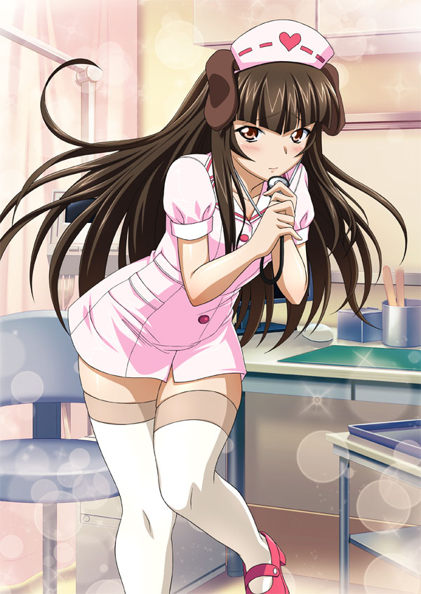 1girl brown_eyes brown_hair hat ikkitousen indoors long_hair looking_at_viewer nurse solo stethoscope ten'i_(ikkitousen) thigh-highs white_legwear