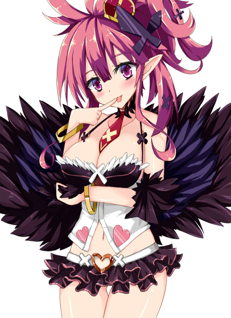 1girl :p between_breasts blush bracelet breasts cleavage crown disgaea frilled_skirt frills heart jewelry kanitama looking_at_viewer makai_senki_disgaea_5 miniskirt navel necktie pink_hair pointy_ears seraphina_(disgaea) short_hair simple_background skirt solo tongue tongue_out violet_eyes white_background