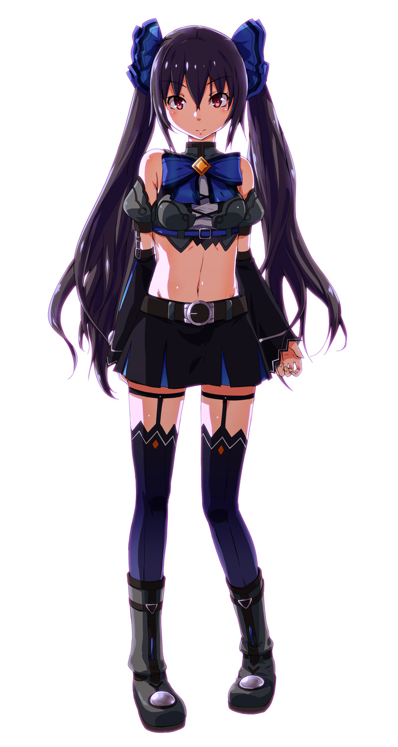 1girl black_hair blush breasts hair_ornament highres long_hair looking_at_viewer navel neptune_(series) noire red_eyes ribbon shacchi solo thigh-highs twintails very_long_hair