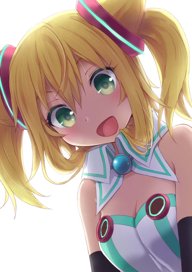 1girl :d bare_shoulders blonde_hair green_eyes hacka_doll hacka_doll_1 open_mouth short_hair simple_background smile solo twintails utsuro026 white_background