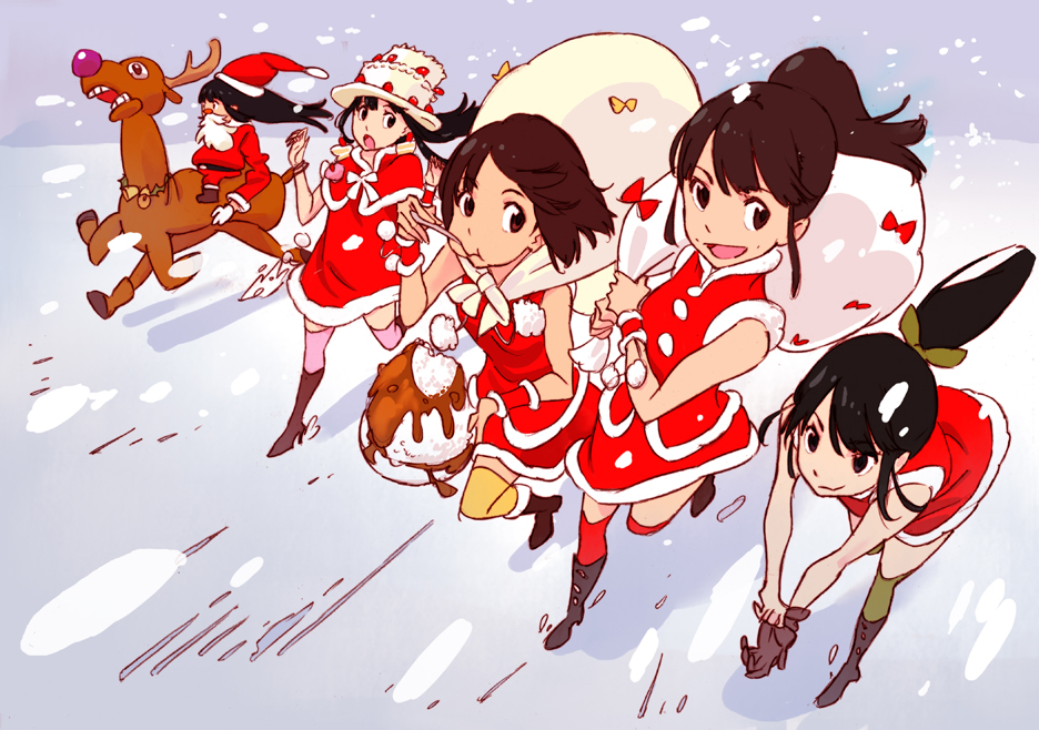 5girls ariyasu_momoka bell black_hair boots bow brown_hair cake christmas curry curry_rice eating fake_beard fake_nose food food_as_clothes gloves hair_ribbon hat holly momoiro_clover_z momota_kanako multiple_girls official_art reindeer ribbon riding running sack santa_costume santa_hat sasaki_ayaka snow snowing spoon spoon_in_mouth sushio takagi_reni tamai_shiori thigh-highs