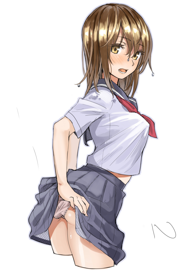 1girl adjusting_clothes adjusting_panties arched_back ass bangs brown_eyes brown_hair covered_nipples dripping embarrassed eyebrows from_side grey_skirt hair_between_eyes lifted_by_self looking_at_viewer open_mouth original panties pleated_skirt school_uniform serafuku short_sleeves simple_background sketch skirt skirt_lift solo sweat sweat_stain teeth underwear upskirt wet_hair white_background white_blouse yoropa